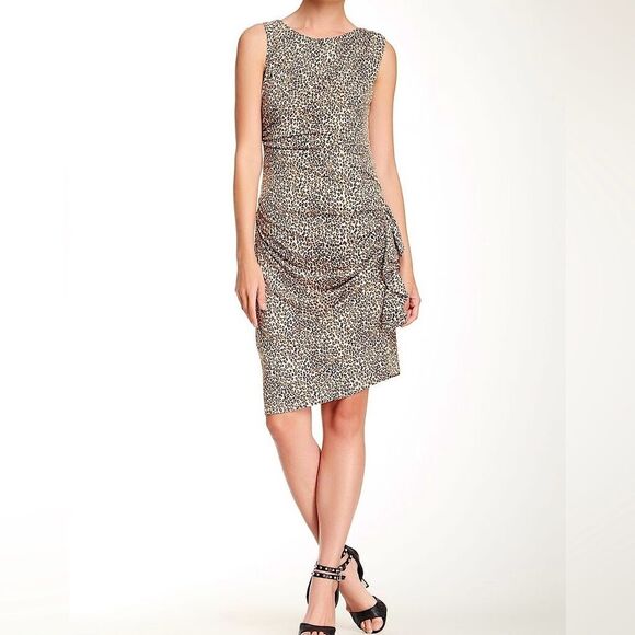 Betsey Johnson Animal Print Dress Sleeveless Sheath Ruched Leopard Cheetah Sz 8 - Picture 1 of 8